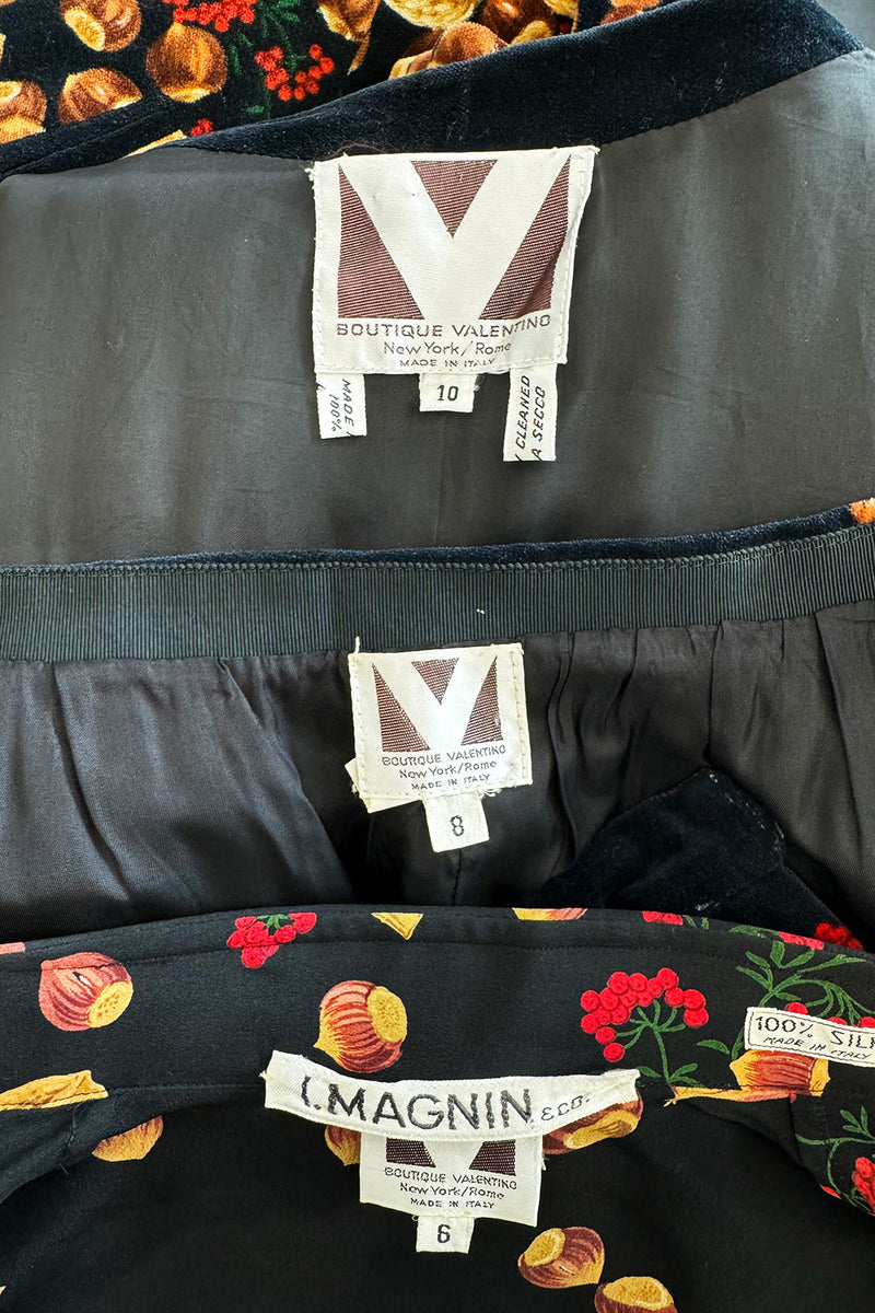 Incredible c. 1972 Original Valentino Three Piece Acorn Print Silk Top, Velvet Skirt & Jacket Set
