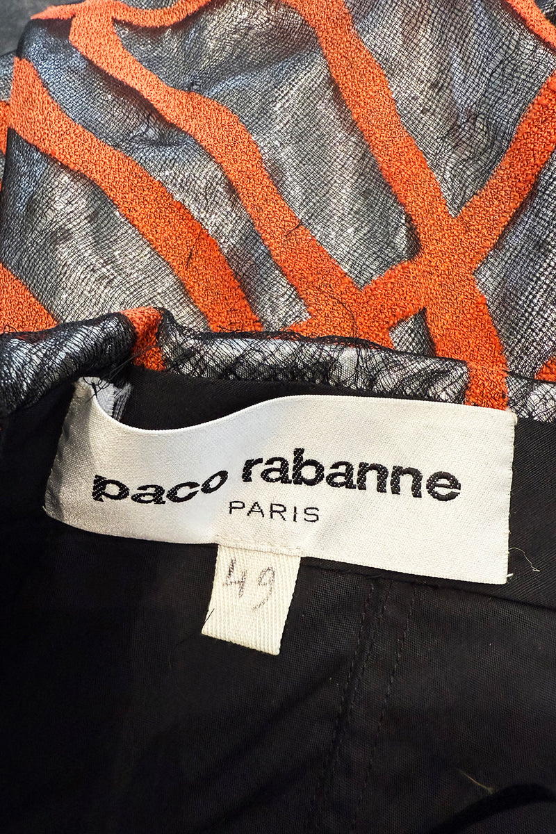 Ultra Rare 1990s Paco Rabanne Haute Couture Metallic Silver & Coral Dress w Chainlink Top & Headpiece