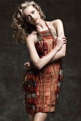 Iconic Spring 2011 Gucci by Frida Giannini Runway Look 41 Burnt Orange Silk Cord, Brass & Feather Dress