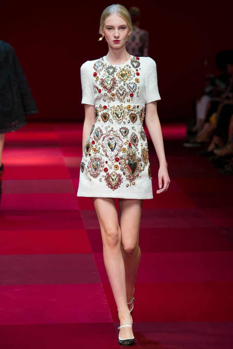 Spring 2015 Dolce & Gabbana Runway Look 48 Silk Brocade Mini Dress w Elaborate Front Embellishments