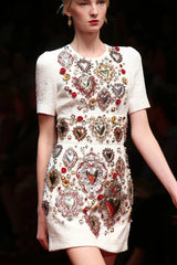 Spring 2015 Dolce & Gabbana Runway Look 48 Silk Brocade Mini Dress w Elaborate Front Embellishments