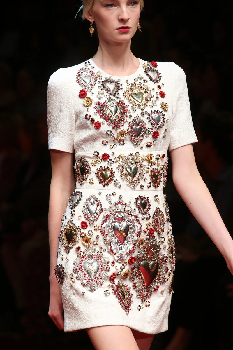 Spring 2015 Dolce & Gabbana Runway Look 48 Silk Brocade Mini Dress w Elaborate Front Embellishments