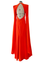 Striking Resort 2019 Alex Perry "Abigail" Brilliant Orange Full Length Capes Sleeve Dress w Open Back