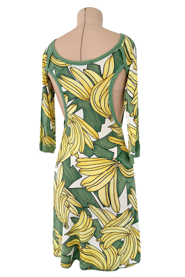 Iconic Spring 2004 Chloe by Phoebe Philo Runway Look 18 Banana Print Dress Side Cuts Outs