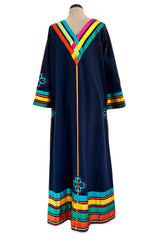 Colourful 1960s Josefa Deep Blue Cotton Caftan Dress w Multi Coloured Ribbns & Hand Embroidery