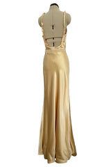Exceptional Fall 2000 Prada by Miuccia Prada Backless Gold Bias Cut Silk Dress w Front Gathering Detail