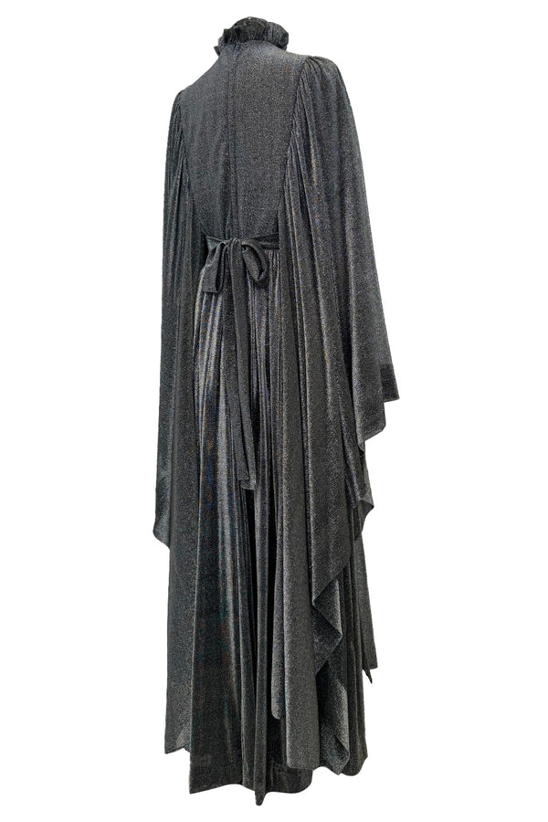 Spectacular 1970s Gina Fratini Metallic Deep Silver Lame Dress w Ruffle Collar &  Angel Sleeves