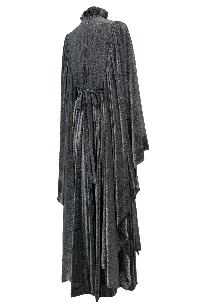 Spectacular 1970s Gina Fratini Metallic Deep Silver Lame Dress w Ruffle Collar &  Angel Sleeves