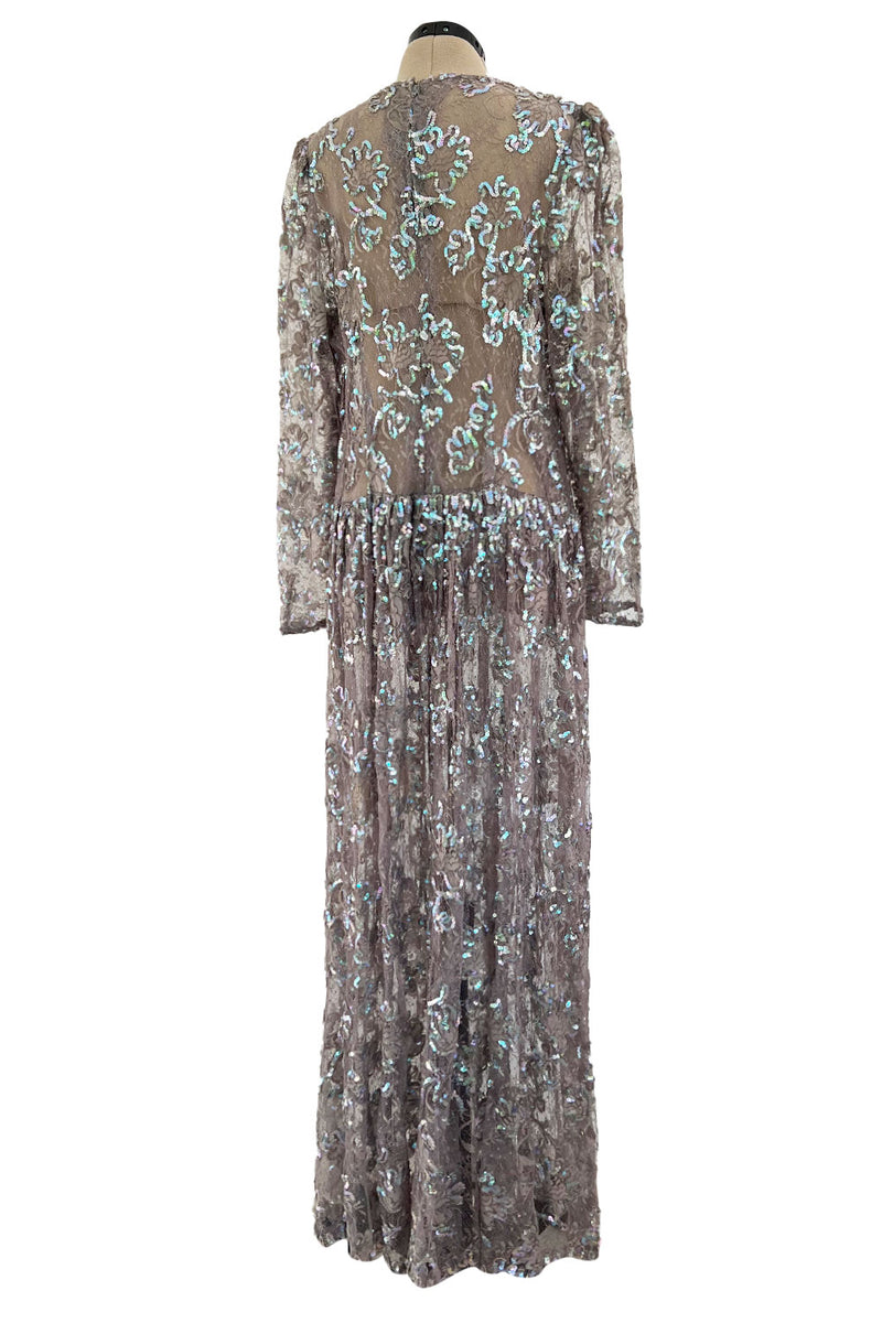 Prettiest 1970s Unlabeled Pale Grey Lace & Blue Grey Glossy Sequin Drop Waist Dress