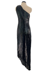 Museum Held 1974 Bill Blass One Shoulder Glossy Black Sequin Dress w Asymetrical Fringe Hem