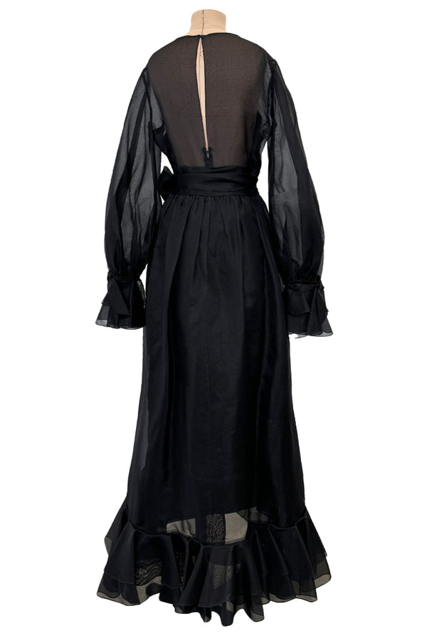 Prettiest 1970s Bill Blass Black Silk Organza Dress w Extensive Ruffle Detailing & Full Puff Sleeves