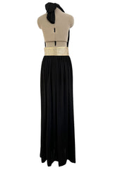 Documented 1981 Bill Tice Plunge Front Black & Gold Nylon Jersey Backless Halter Dress