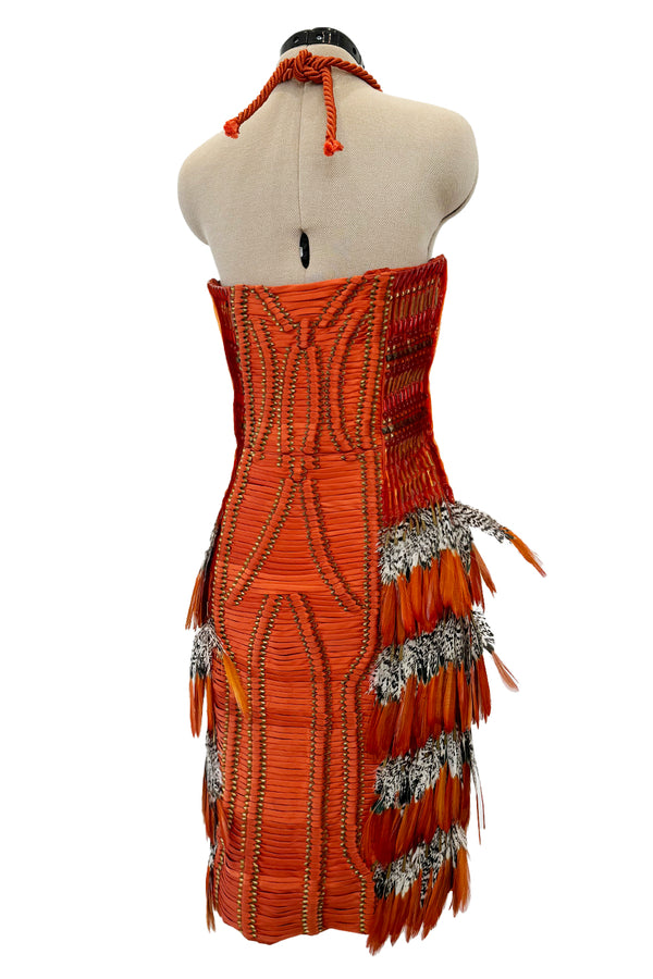 Iconic Spring 2011 Gucci by Frida Giannini Runway Look 41 Burnt Orange Silk Cord, Brass & Feather Dress