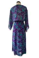 1976 Christian Dior by Marc Bohan Printed Purple & Turquoise Silk Chiffon Skirt & Jacket Set