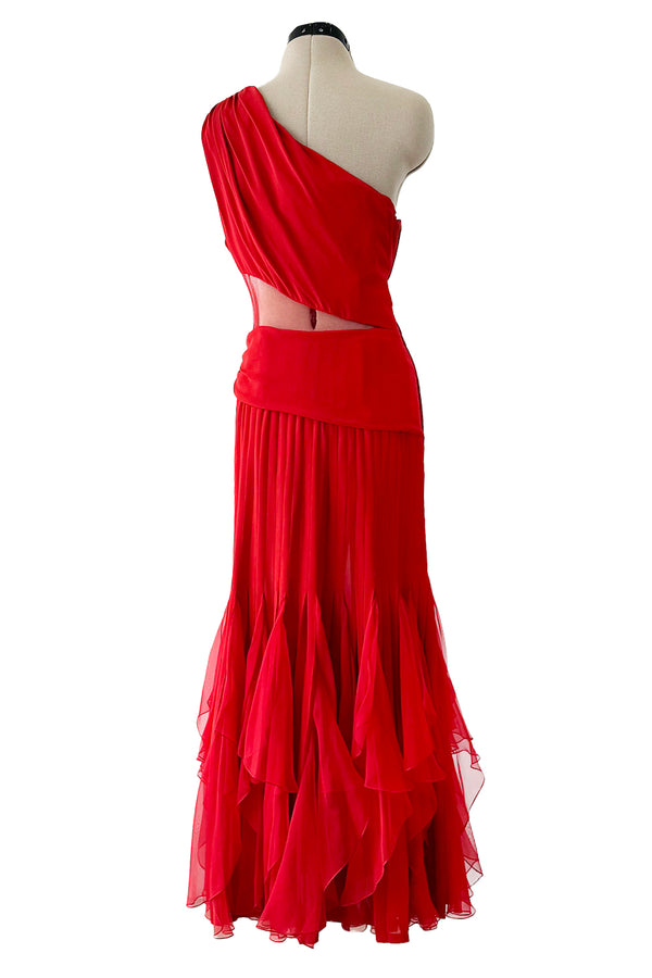Fantastic 1980s Valentino Red Silk One Shoulder Dress w Net Inset & Finely Pleated Ruffled Skirt