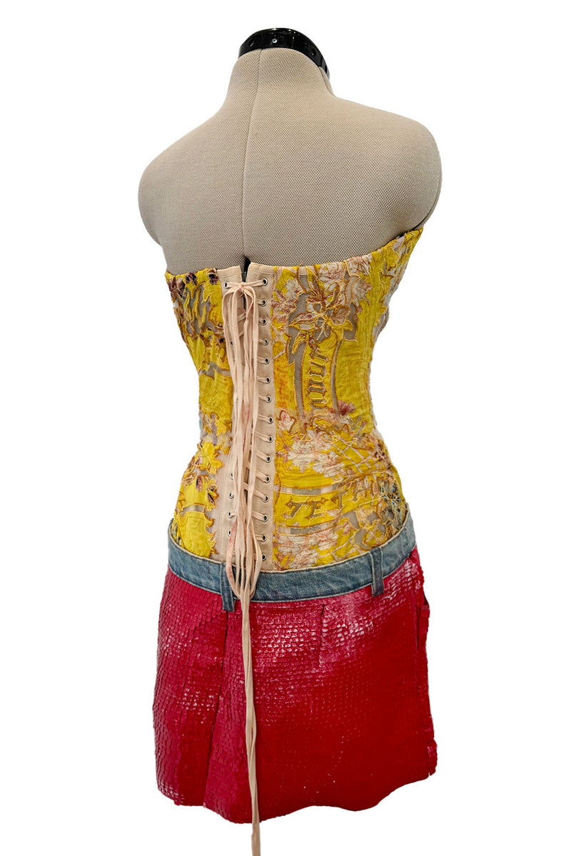 Very Rare Spring 2003 Roberto Cavalli Printed Silk & Net Boned Corset & Red Sequin Mini Skirt Set
