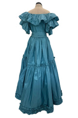 Spectacular 1970s Yves Saint Laurent Deep Turquoise Blue Silk Off Shoulder Fuffled Top & Matching Skirt Set