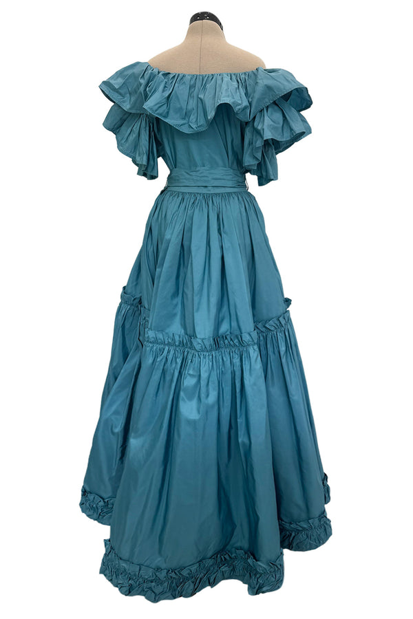 Spectacular 1970s Yves Saint Laurent Deep Turquoise Blue Silk Off Shoulder Fuffled Top & Matching Skirt Set