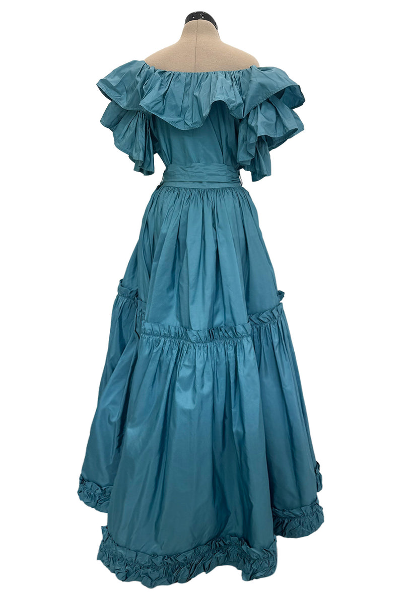 Spectacular 1970s Yves Saint Laurent Deep Turquoise Blue Silk Off Shoulder Fuffled Top & Matching Skirt Set