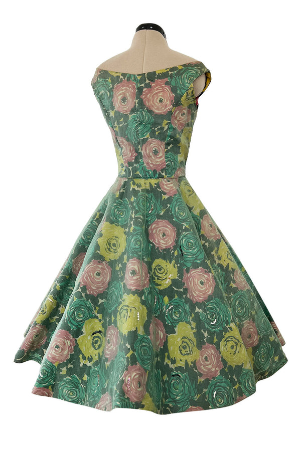 Gorgeous 1950s David Hart Organza Covered Cotton Floral Print Dress w Sequin Detailing