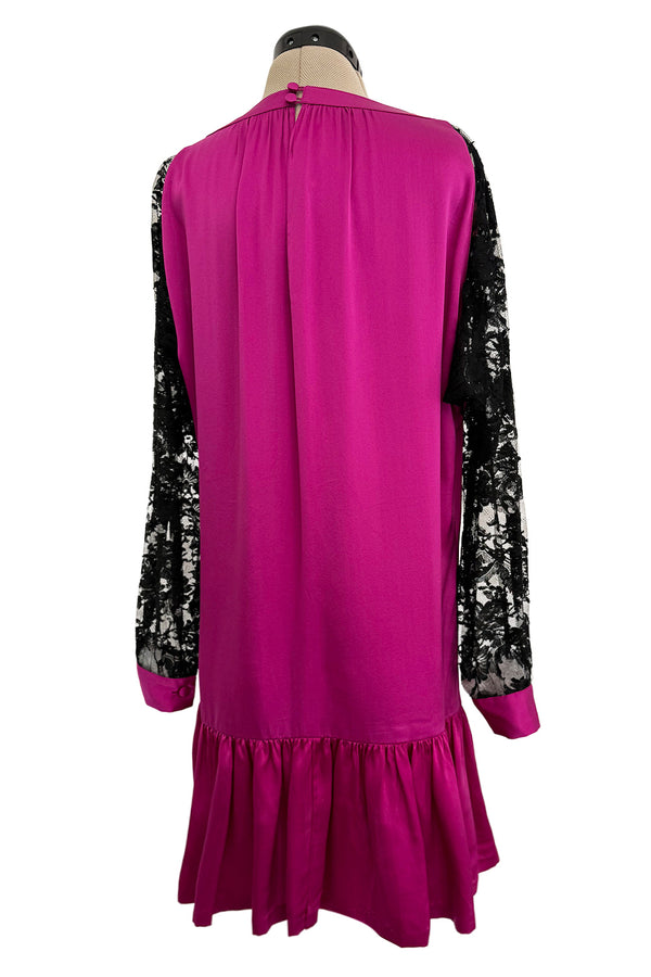 Flapper Inspired 1980s Yves Saint Laurent Easy Fit Brilliant Pink Silk Dress w Black Floral Lace Sleeves