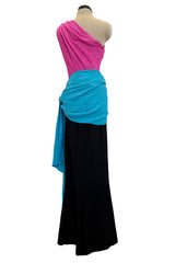 Iconic Spring 1985 Yves Saint Laurent Runway Pink & Black One Shoulder Dress w Blue Swag