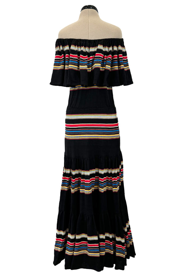 Spring 1977 Christian Dior by Marc Bohan Black Cotton Jersey Striped Off Shoulder Ruffled Dress