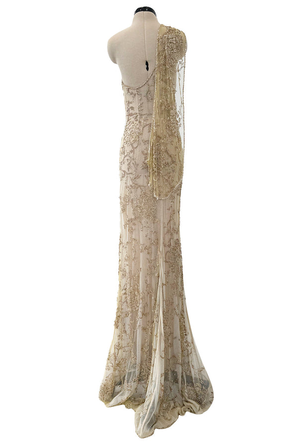 Exquisite Spring 1993 John Anthony Hand Beaded One Shoulder Dress on Pale Gold Silk Net