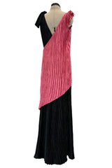 Fantastic Fall 1980 Mary McFadden Couture Salmon Pink & Black Cross Over Pleated Dress