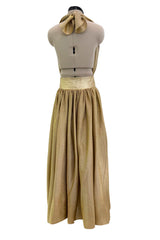Fantastic Fall 1980 Bill Tice Metallic Gold Halter Front Backless Dress w Top Stiched Tie Belt & Front Slit