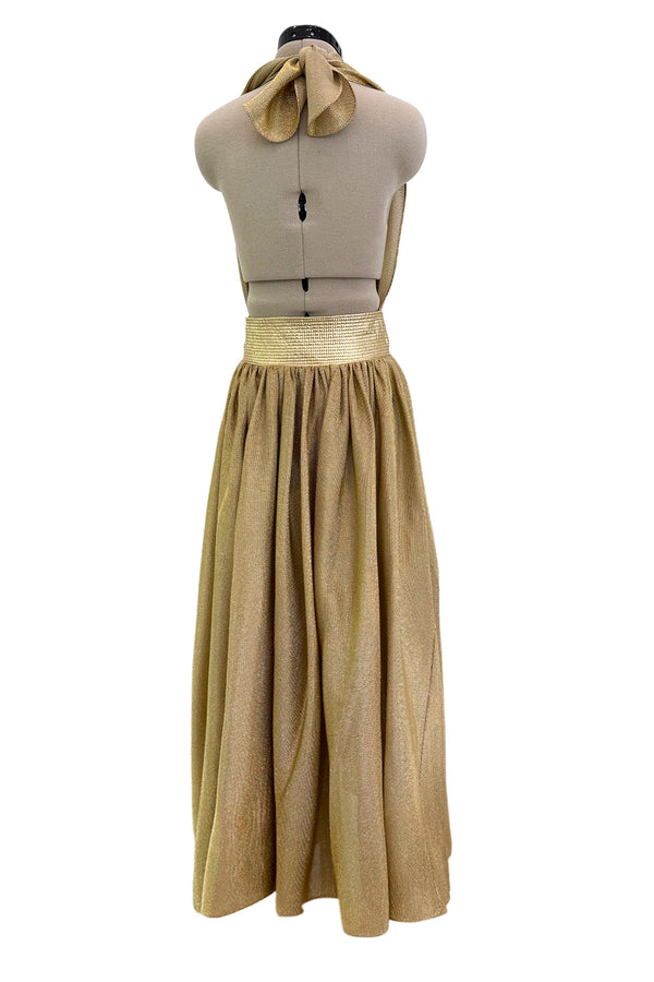 Fantastic Fall 1980 Bill Tice Metallic Gold Halter Front Backless Dress w Top Stiched Tie Belt & Front Slit