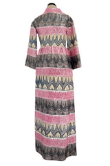 Incredible Fall 1970 Bill Blass Runway Pink Patterned Gold Metallic Thread Dress w Wide Sleeves