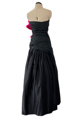Stunning 1980s Arnold Scaasi Couture Black Silk Strapless Dress w Shocking Pink Ruffle
