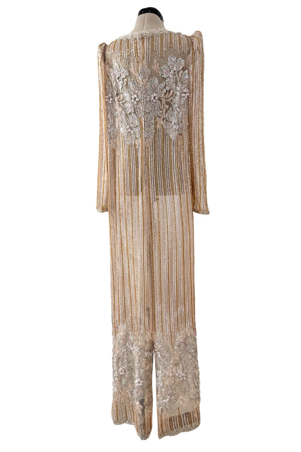 Gorgeous 1980s Unlabeled Fernando Pena Metallic Gold Thread & Pink Bead Sequin & Net Dress