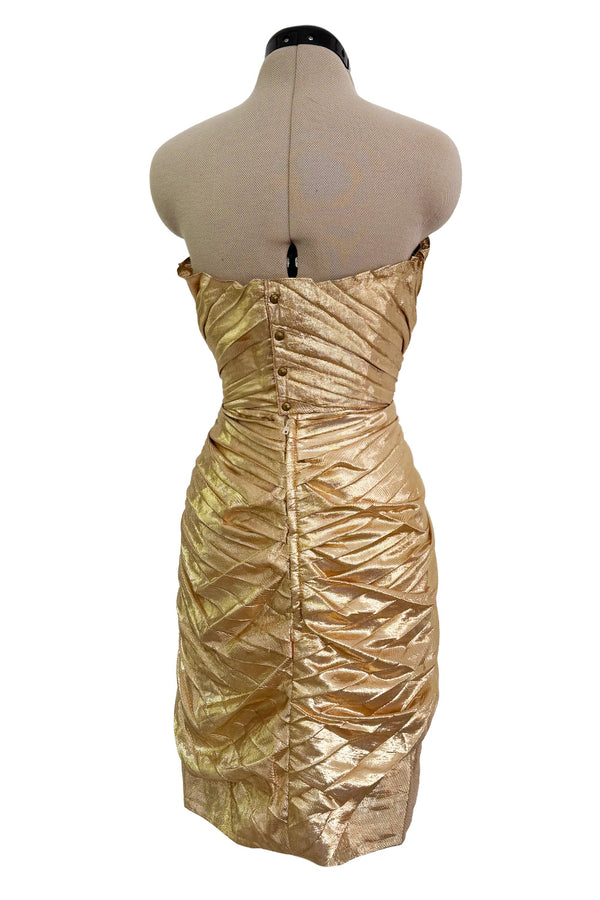 Outstanding Spring 1986 Thierry Mugler Pleated Metallic Gold Lurex Pleated Strapless Bodice 'Shell' Dress