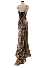 Sexiest 2003 Roberto Cavalli Laced Back Corset Leopard Print Silk Chiffon Dress w Stitched Panels