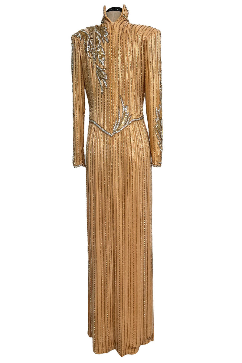 Incredible 1980s Bob Mackie Beaded, Sequin & Rhinestone Detailed Peach Silk Dress