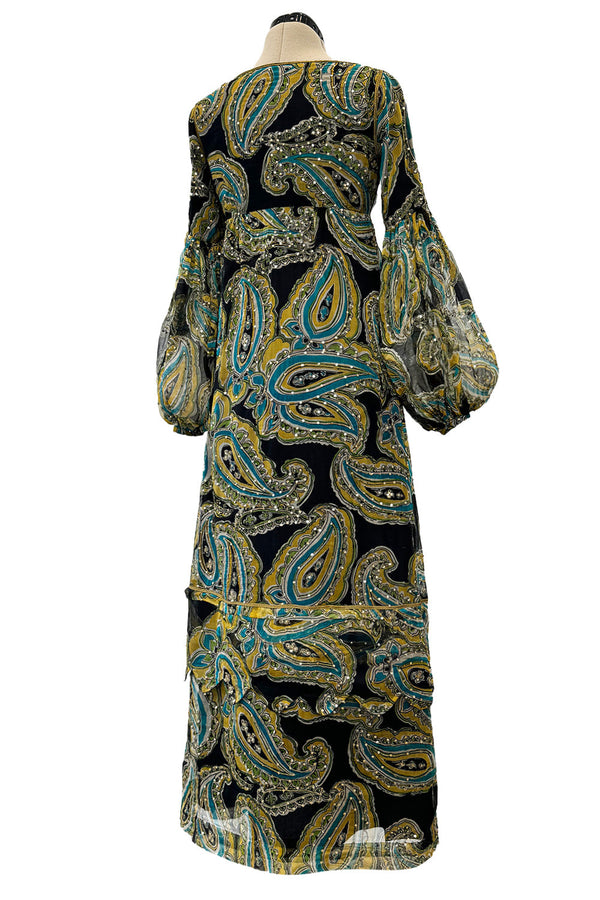 Rare 1960s Thea Porter Couture Printed Silk Chiffon Dress w Gold Sequins & Gold Metal Thread Detailing
