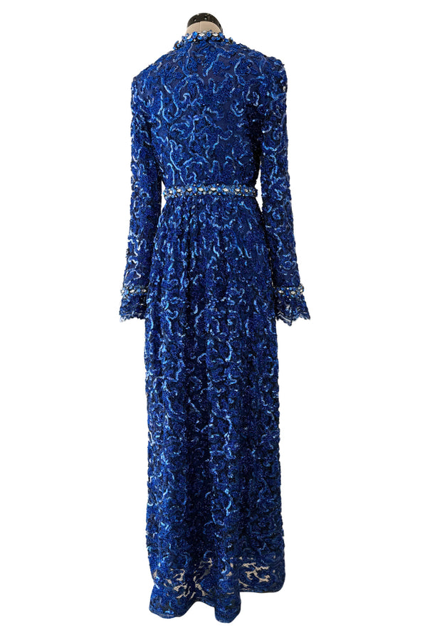 Documented 1970 Oscar de la Renta Brilliant Blue Sequin & Rhinestone Plunge Dress