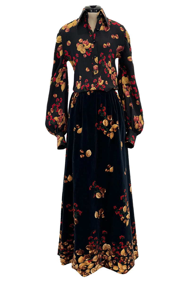 Incredible c. 1972 Original Valentino Three Piece Acorn Print Silk Top, Velvet Skirt & Jacket Set