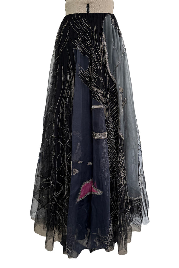Elaborate Spring 2019 Valentino by Pierpaolo Piccioli Black Net Skirt w Hand Beading & Silk Chiffon Insets