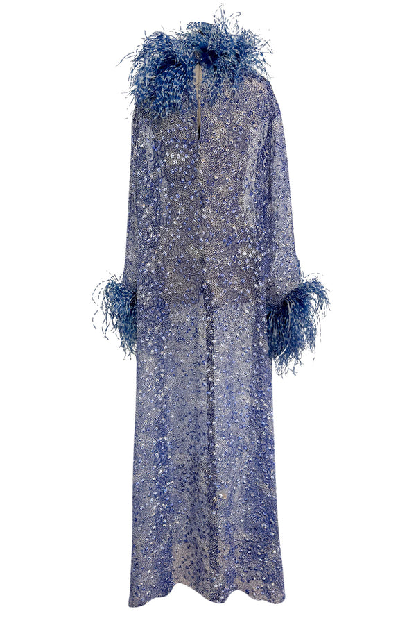 1970s Unlabeled Printed Silk Chiffon Dress w Gold & Silver Thread & Feather Collar & Cuffs
