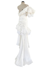 Spring 1988 Emanuel Ungaro Haute Couture Ivory Silk, Silk Net & Dotted Tulle One Shoulder Trained Mini Dress