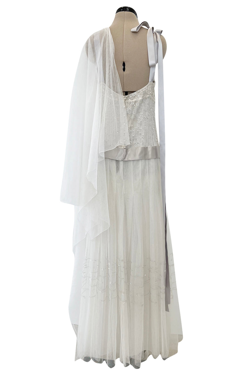 Stunning 2005 Chanel by Karl Lagerfeld White Sequin Detailed & Silk Tulle Dress w Ribbon Detail