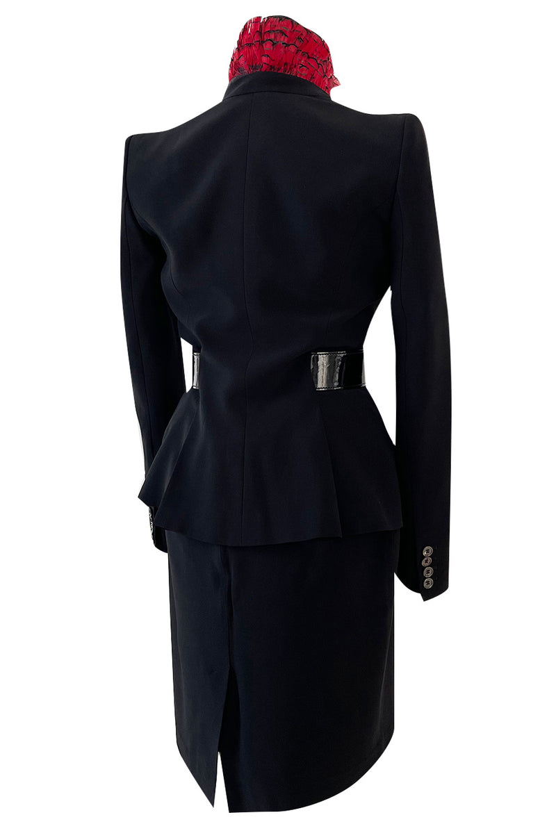 Spectacular Spring 2008 Alexander McQueen 'La Dame Bleue' Look 26 Red Feather Trim Black Suit