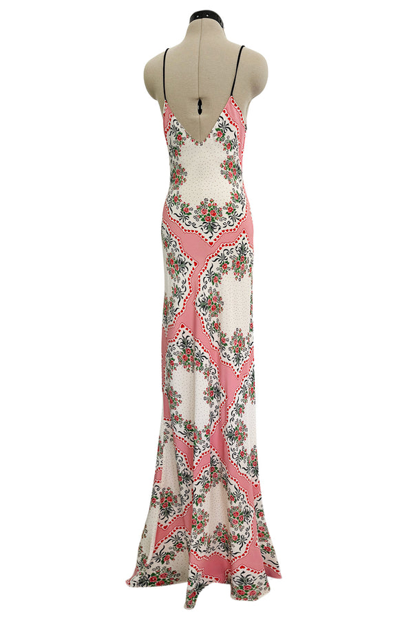 Prettiest Spring 2021 Rodarte Runway Look 20 Bias Cut Silk Pink Print Flower & Hearts Dress w Removable Flower