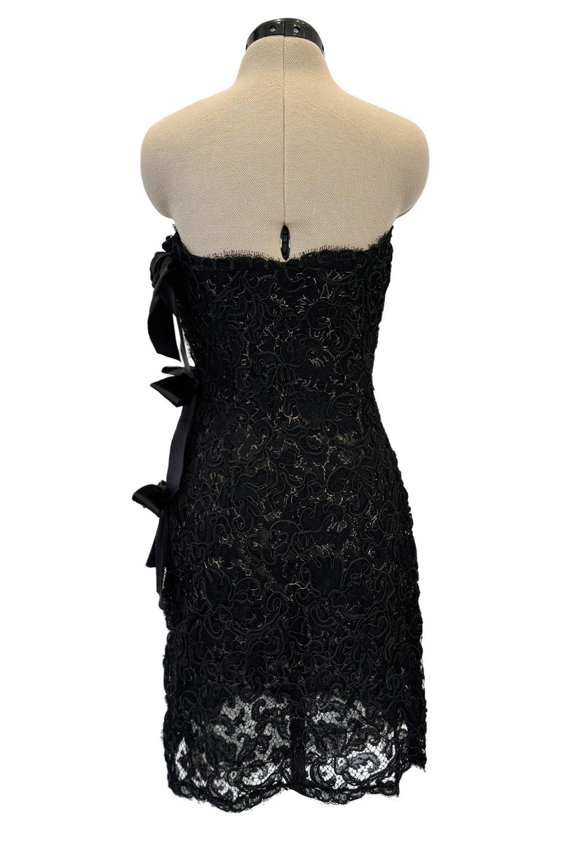Fall 1998 Yves Saint Laurent Black Strapless Gold & Black Cord Dress w Side Bows