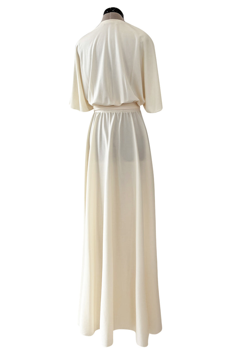 1970s Halston Draped Minimal Seamed Ivory Jersey Wrap Over Dress w Full Sleeves