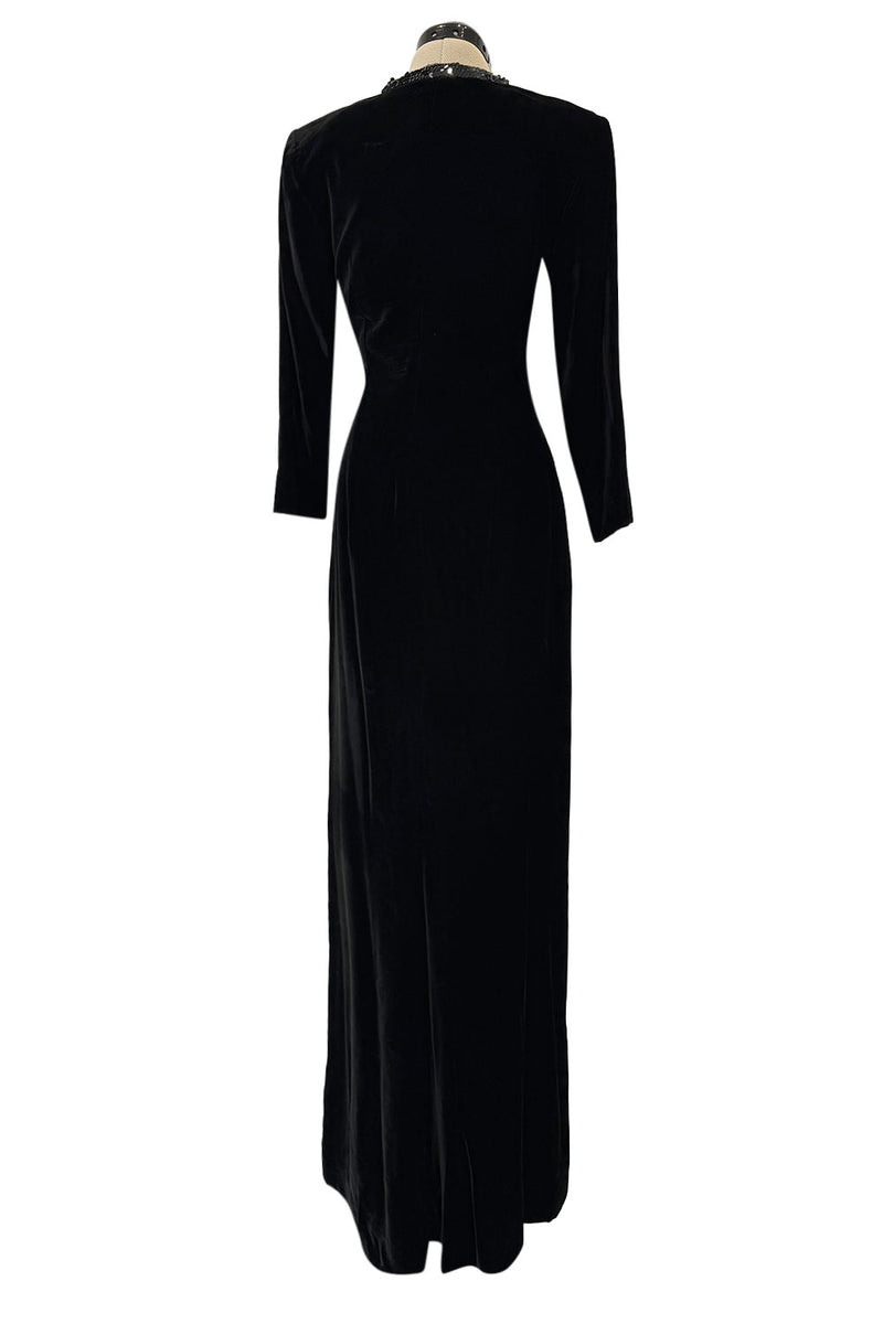 Fall 1998 Yves Saint Laurent Runway Black Velvet Dress w Elaborate Black Sequin Detailing