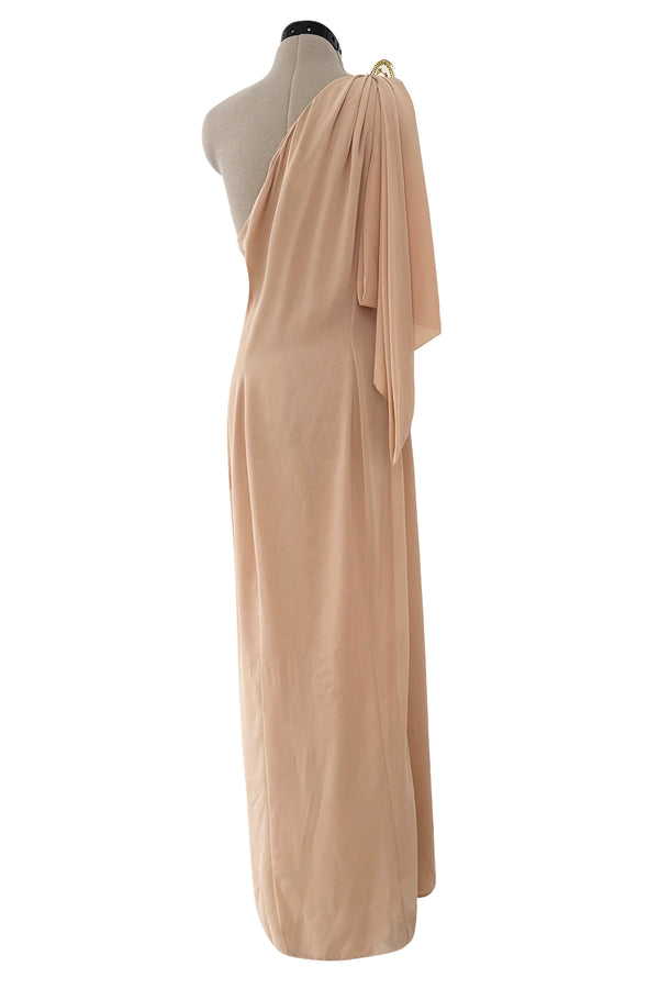 Spectacular Spring 2000 Thierry Mugler Runway Nude Chiffon One Shoulder Dress w Acrylic Detail